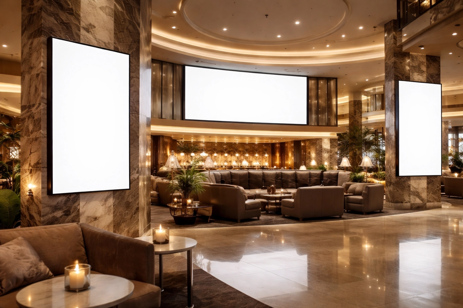 Clean, professional digital signage in a luxury venue showcasing high-end venue advertising