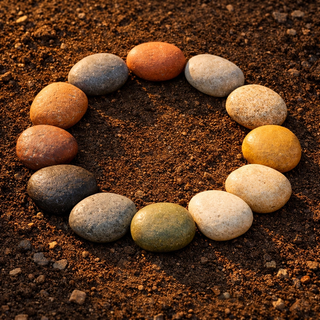 Twelve river stones in a circle representing the twelve areas of core emotional wounds.