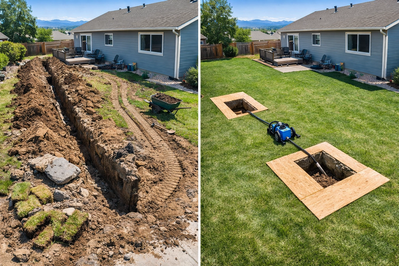 Comparison of messy sewer excavation versus clean trenchless pipe bursting for Denver homeowners.