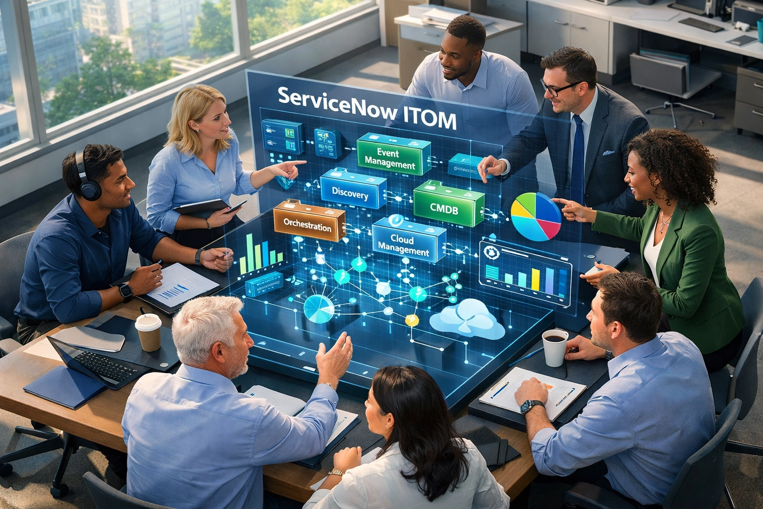 Cross-functional team collaborating on ServiceNow ITOM implementation strategy and architecture