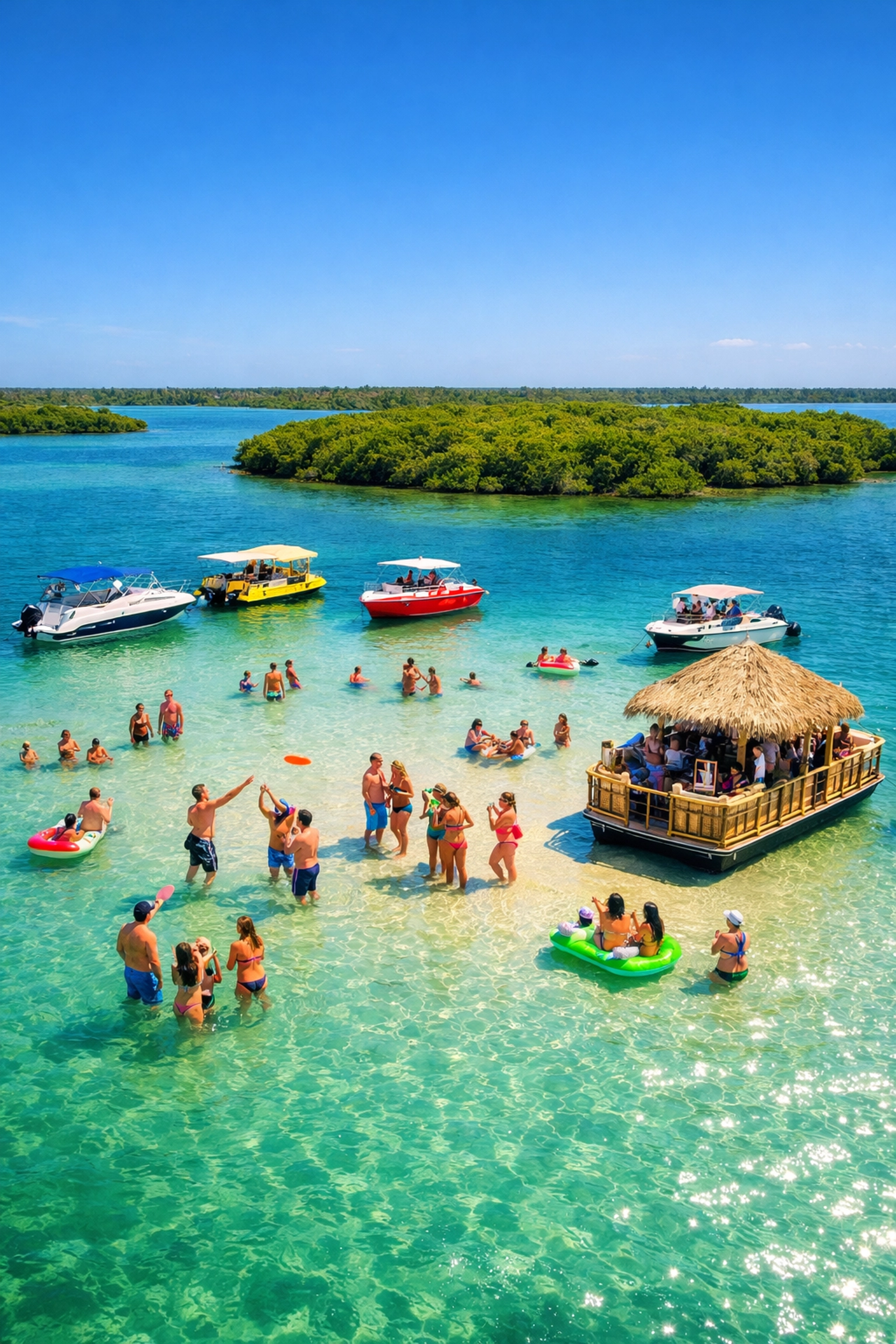 Spring Break travelers enjoying a sandbar party in the Thousand Islands, Cocoa Beach, near lush mangroves.