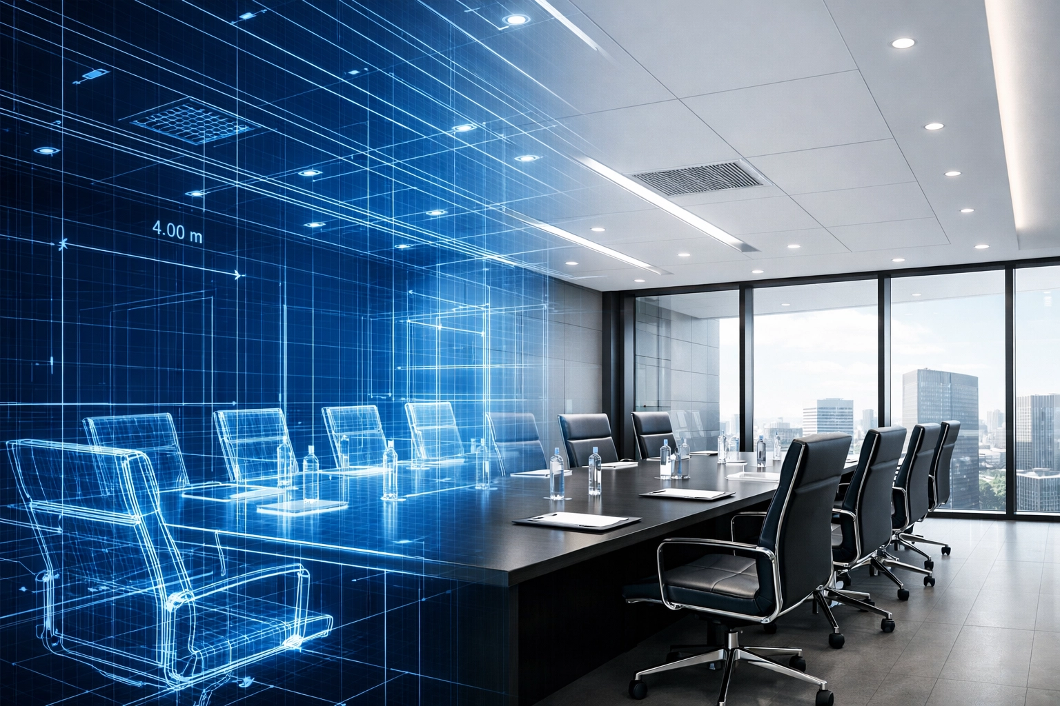 A business blueprint overlaying a modern boardroom, illustrating strategic scaling for small businesses.