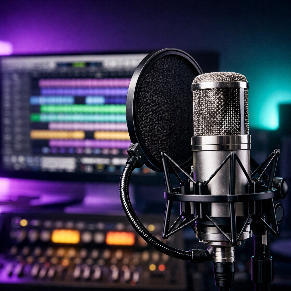 Professional condenser microphone and digital audio workstation for home music production.