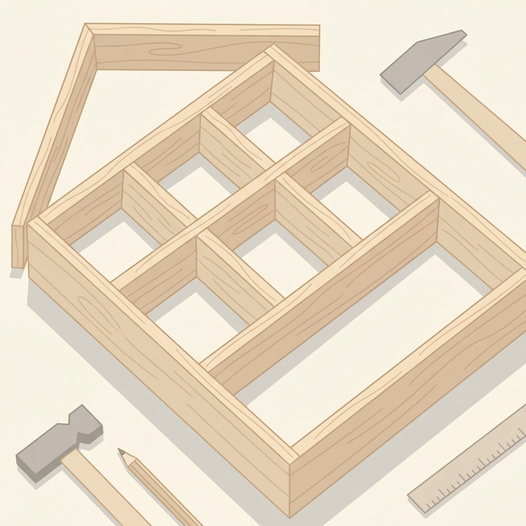 Bee hotel wooden frame construction step shown with basic tools and clean wood grain