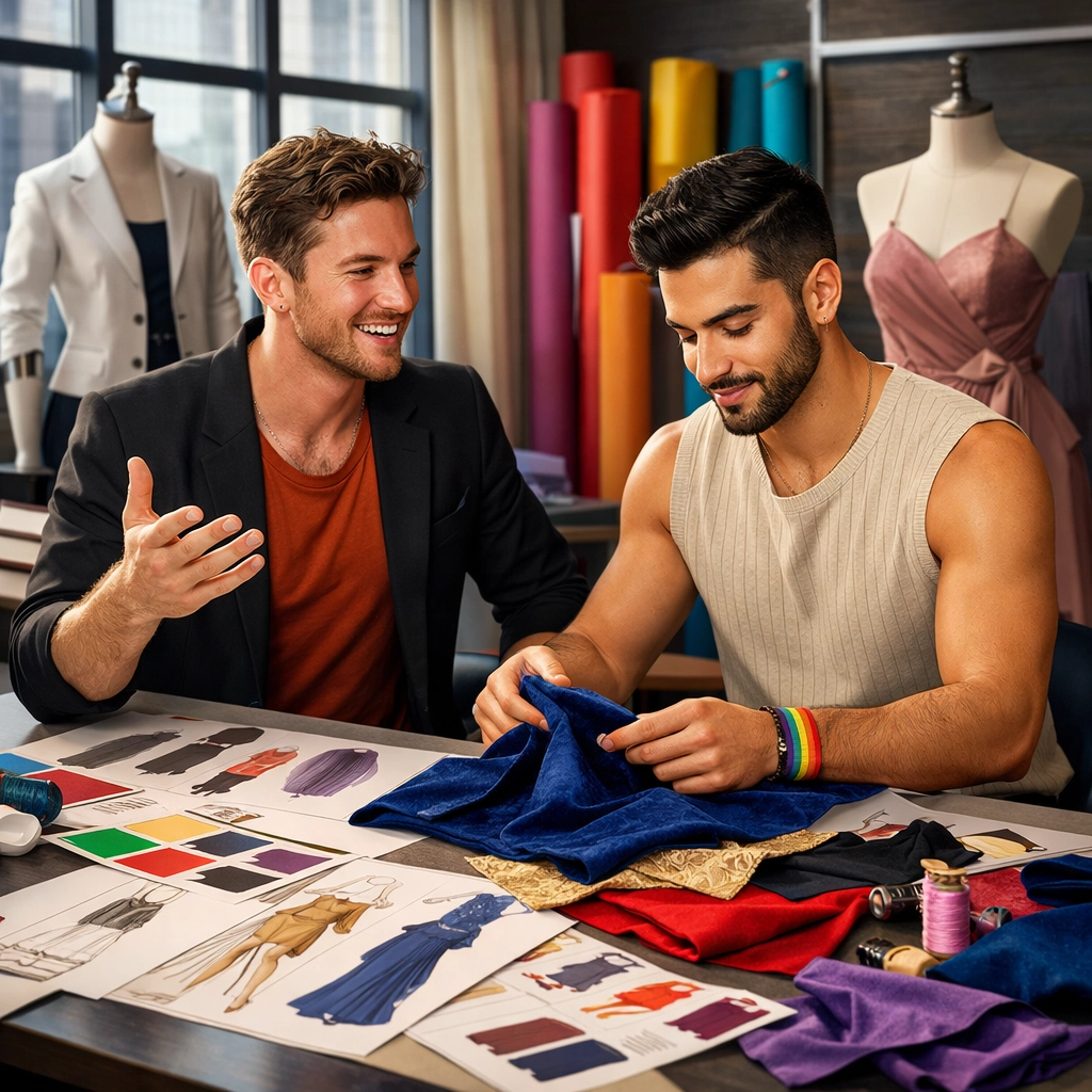 Two gay fashion designers collaborating in atelier workspace with fabrics and design sketches