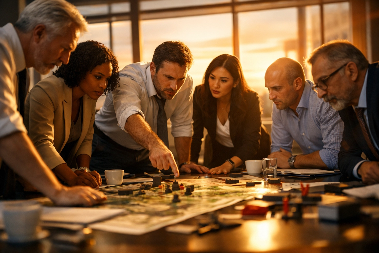 Business professionals engaged in experiential leadership development activity with team simulation exercise