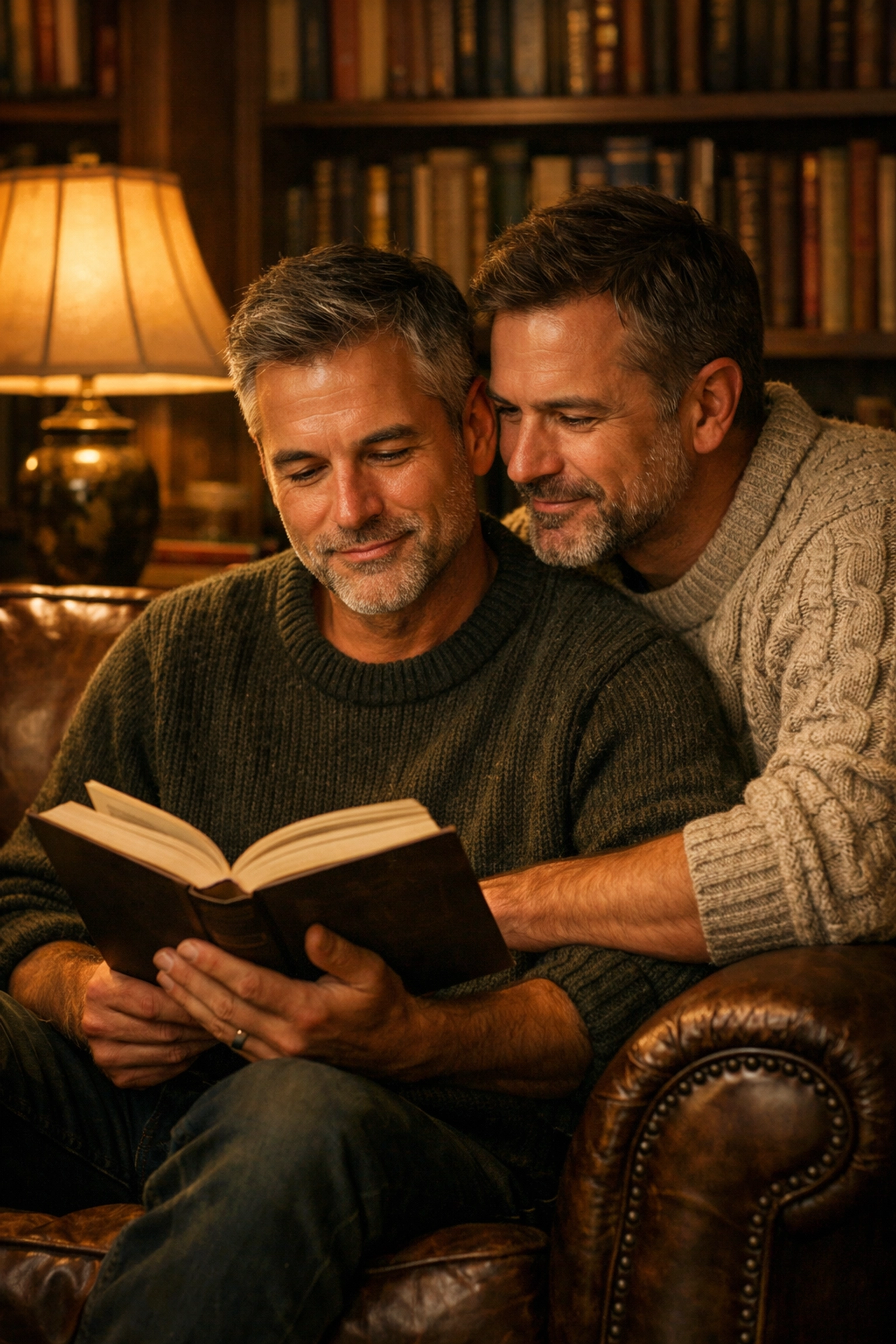 Two men in 40s reading together in library - authentic MM relationship