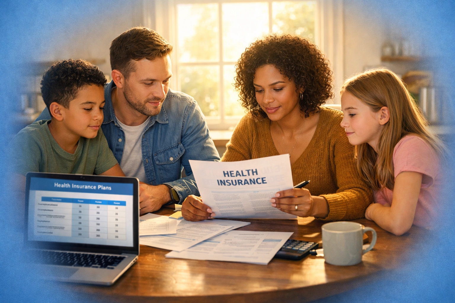 Family reviewing PPO and EPO health plan options together at kitchen table