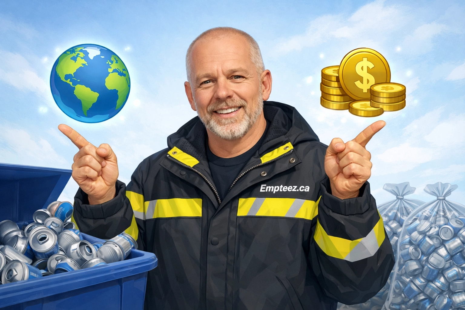Tim “Can Man” Kemsley pointing to planet and money icons