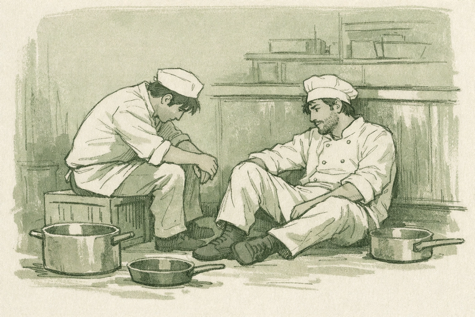 Gay romance illustration: two chefs share vulnerable moment after service in professional kitchen