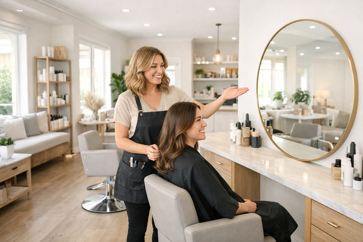 Professional hair stylist consulting with a client in our modern beauty salon in Concord NH.