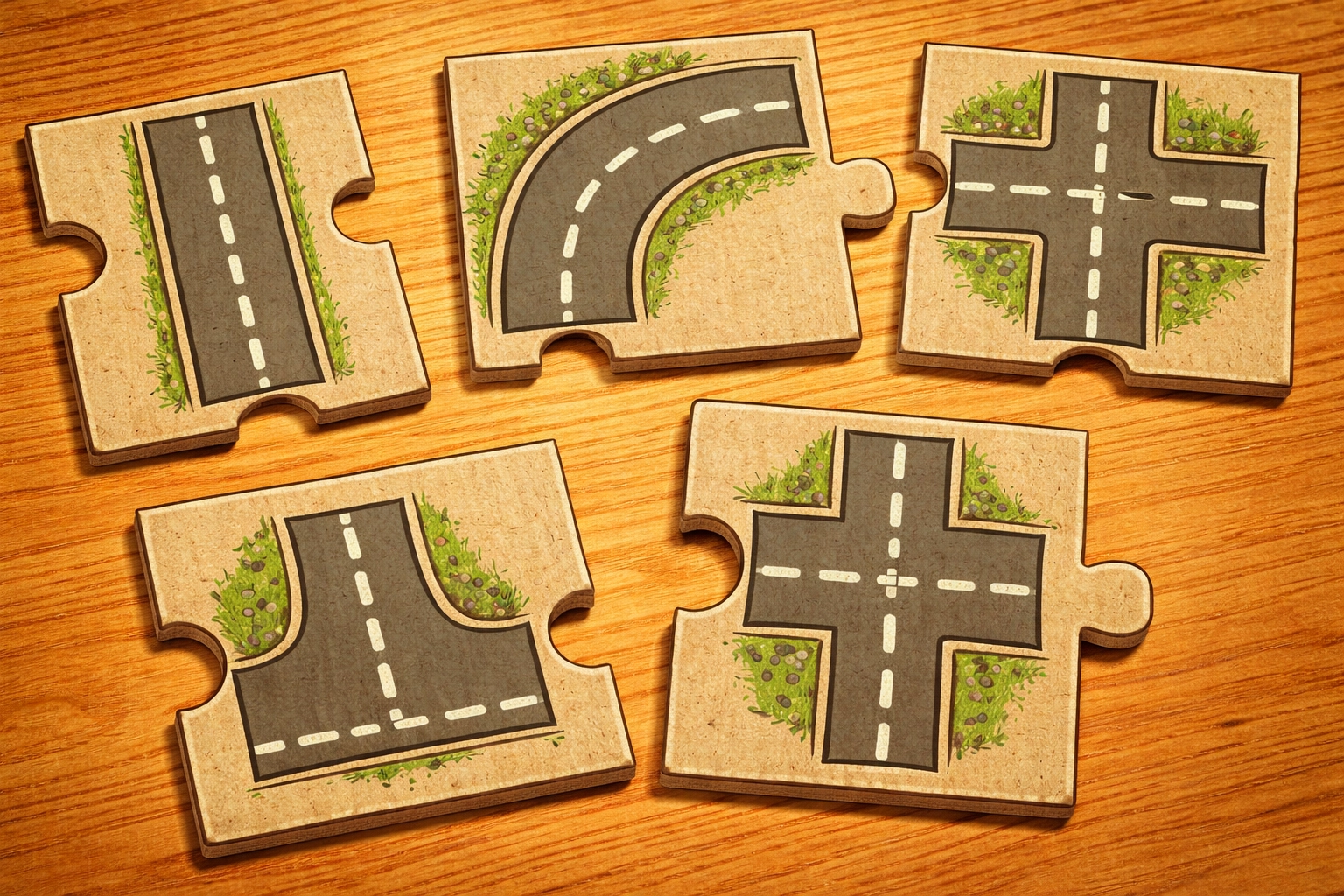 Cardboard road puzzle piece templates showing straight, curved, and intersection road designs on a wooden surface