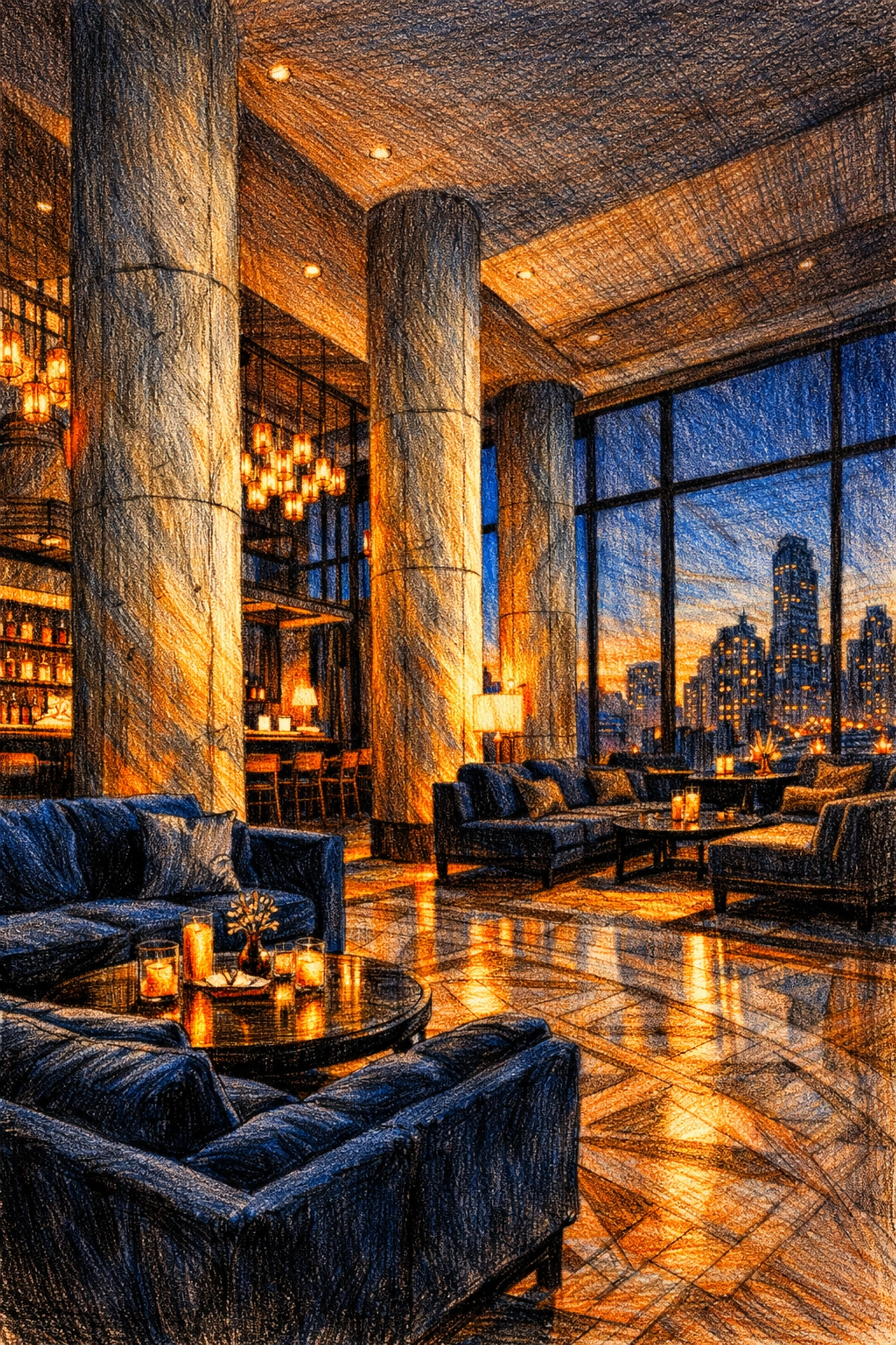 Luxury boutique hotel interior design featuring concrete pillars and navy velvet sofas.