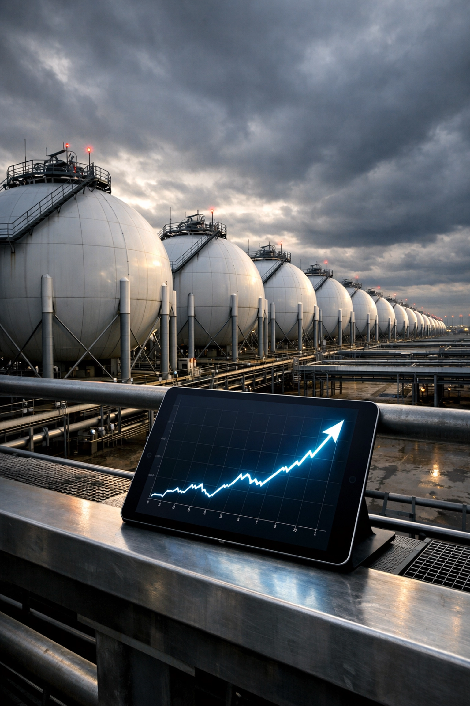 Industrial oil storage tanks and a digital chart showing rising prices, impacting retail sales and inflation data.
