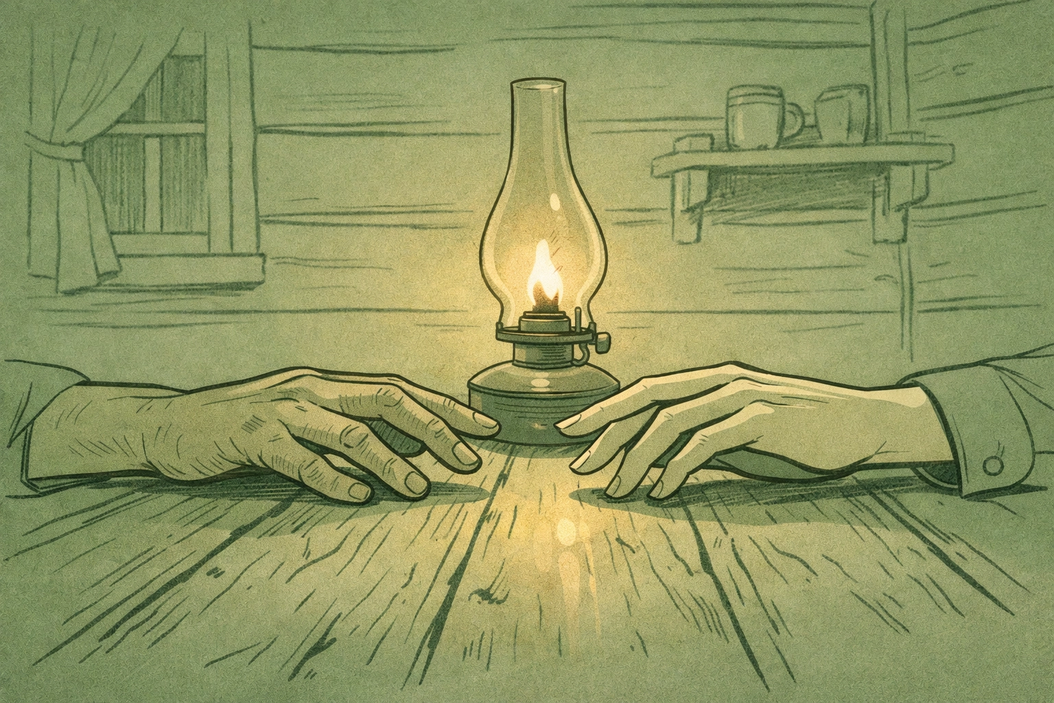 Step-brother romance tension shown through nearly touching hands in Western cabin