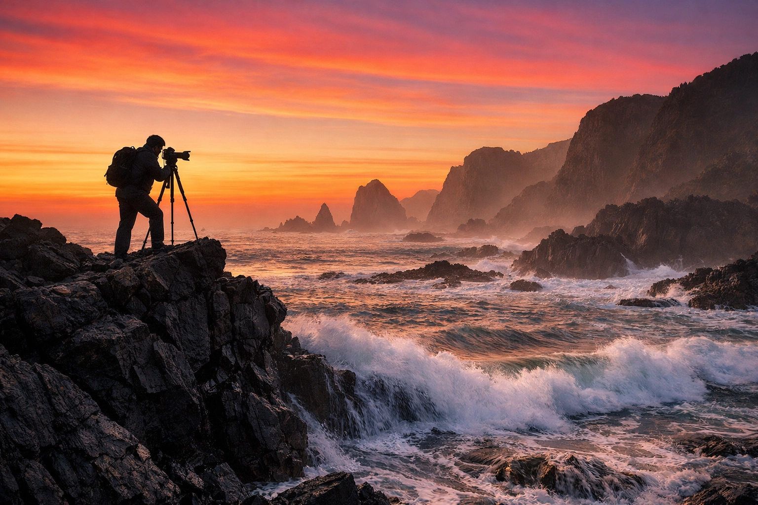 A photographer capturing the golden hour on a misty coastline at dawn, a prime travel photography location.