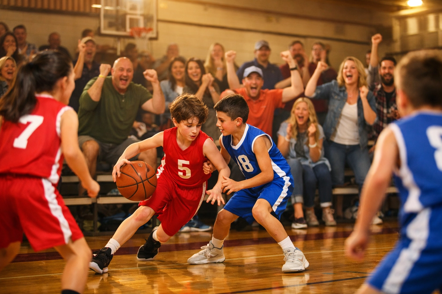 Youth basketball game at KSU homecoming event with families cheering at Frankfort venue
