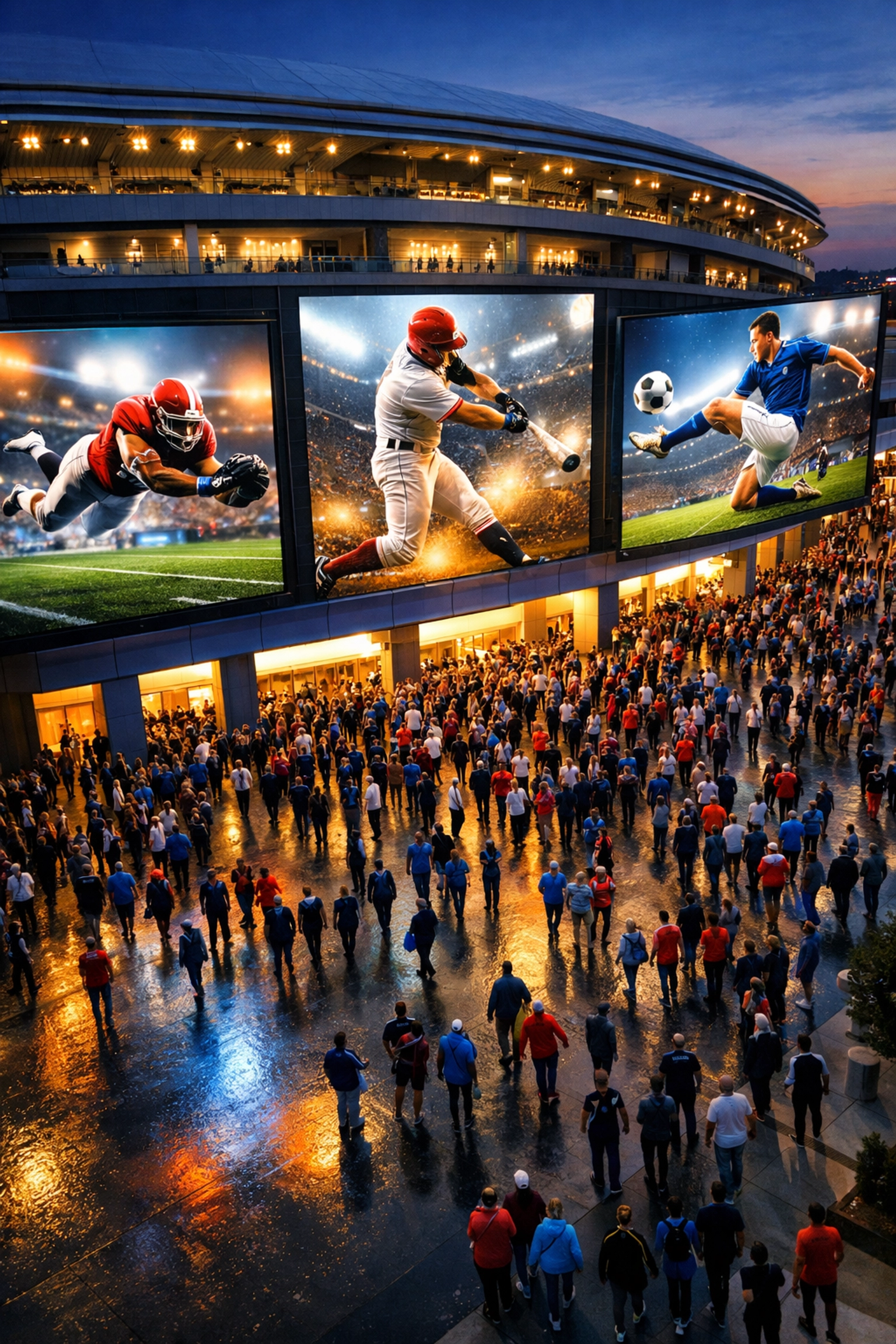 Digital billboards at a sports stadium displaying ads to an energized crowd of fans.