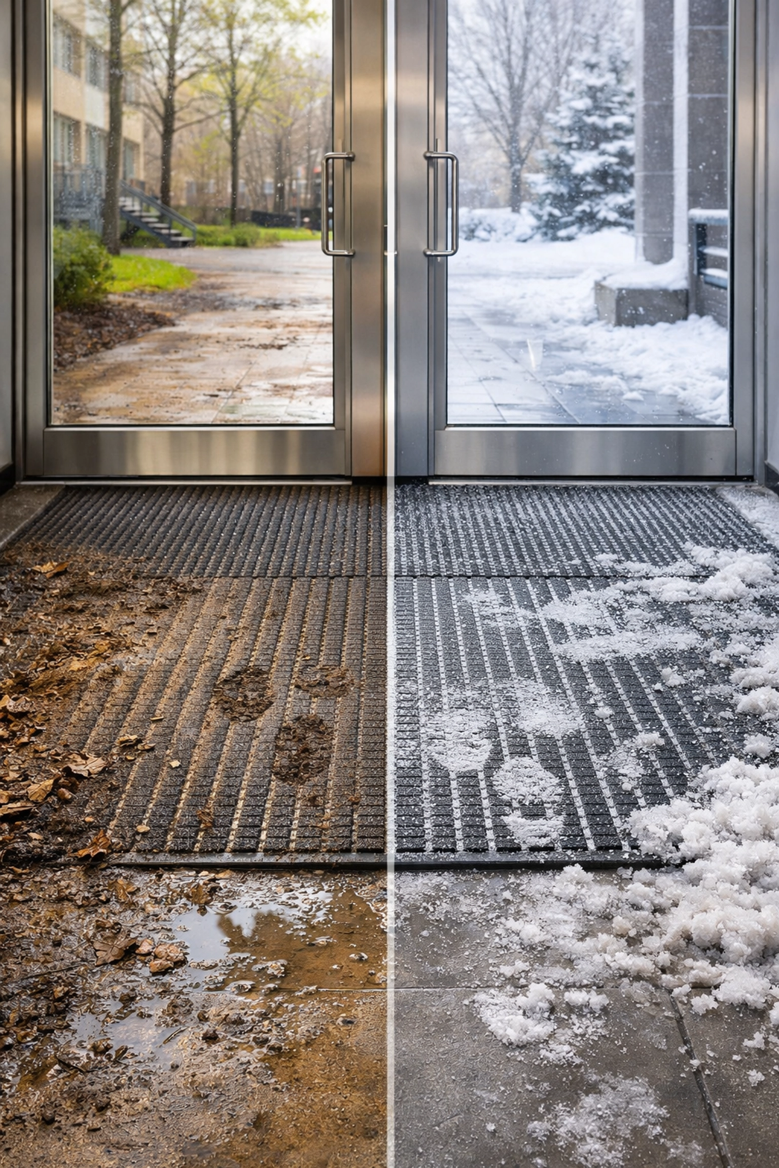 Apartment entrance showing seasonal cleaning needs from spring mud to winter salt
