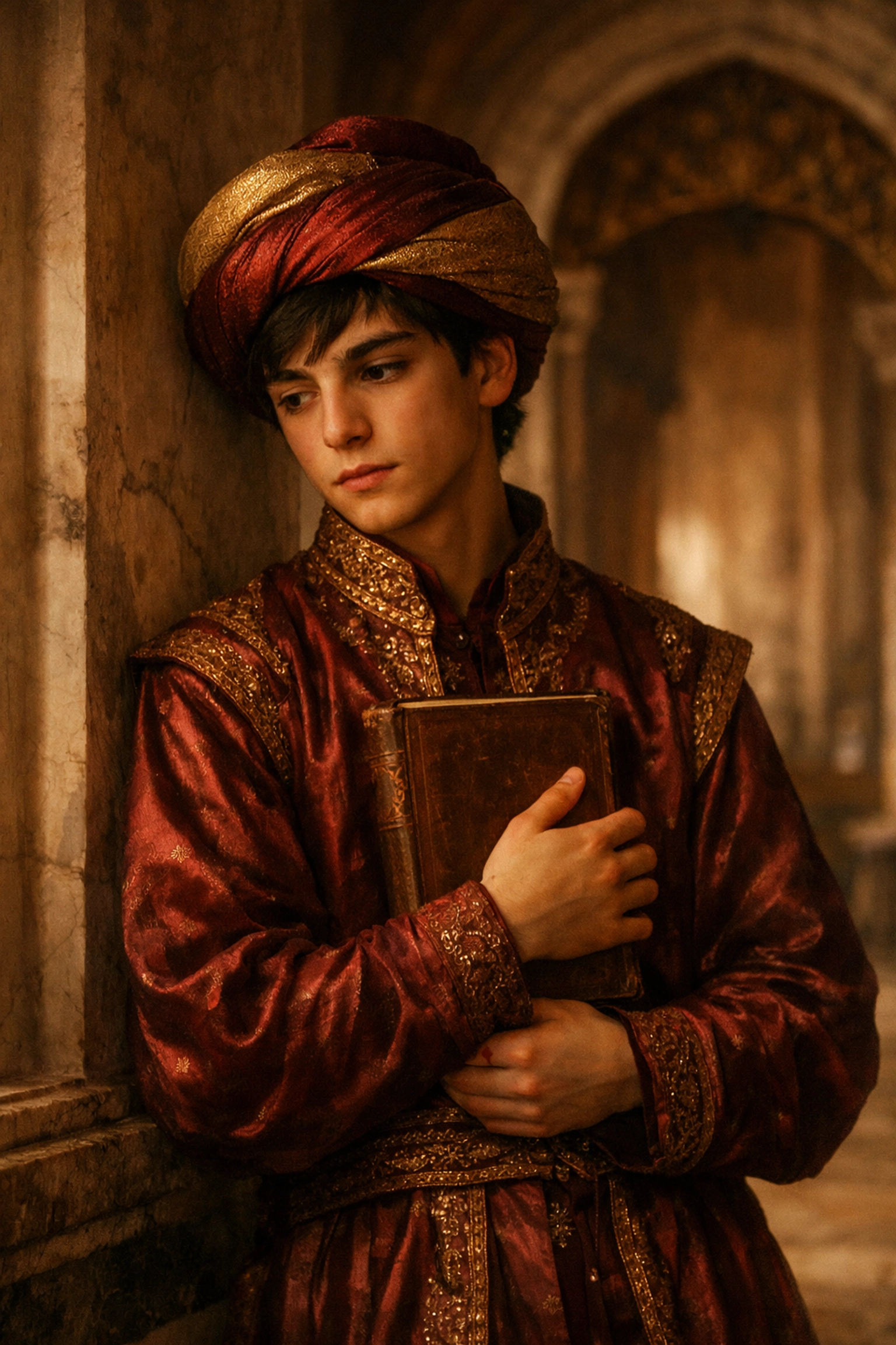 Young male Ottoman palace page holding a book of poetry in marble corridor