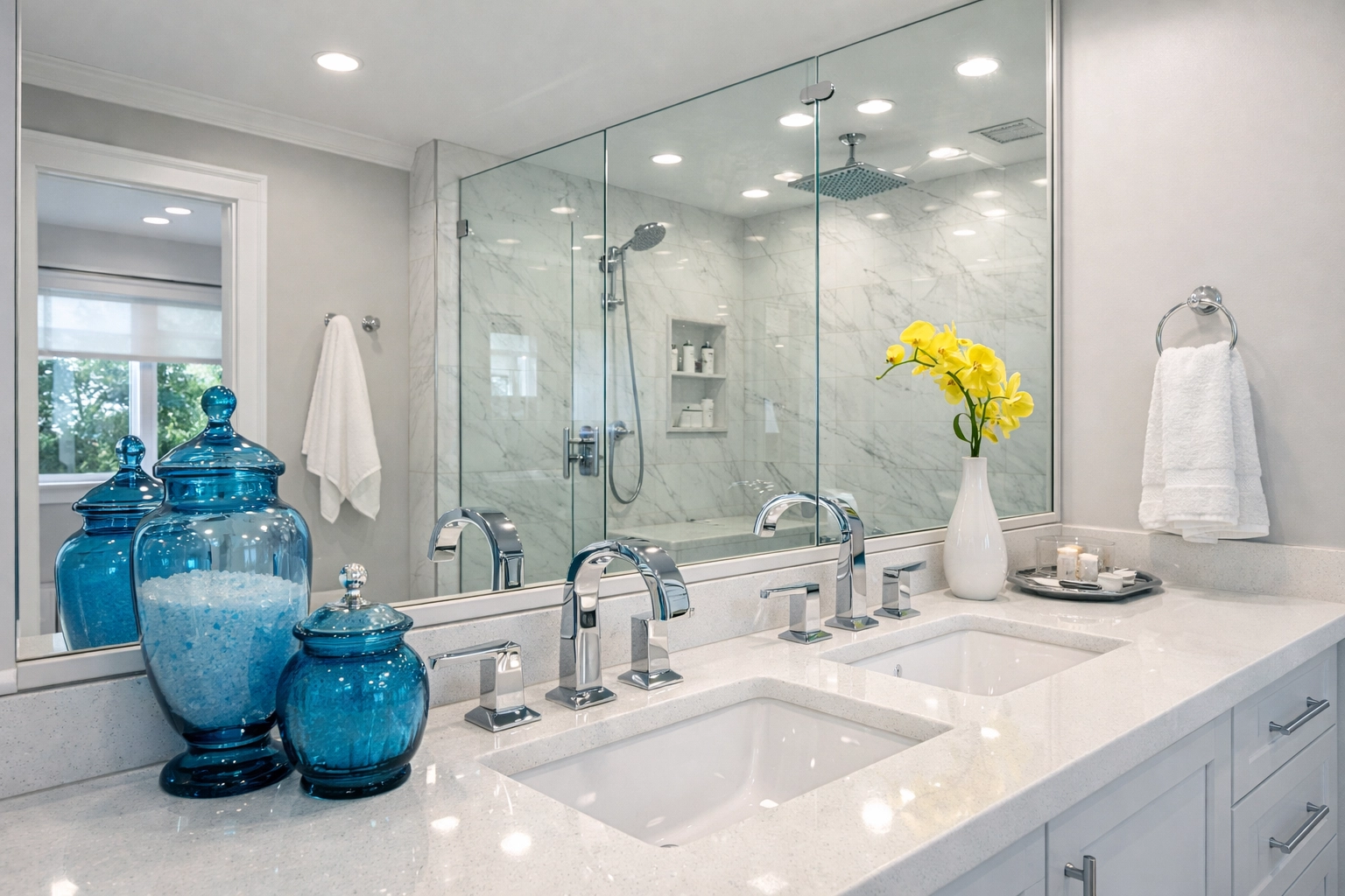 Gleaming master bathroom in Holliston showcasing professional recurring house cleaning results.