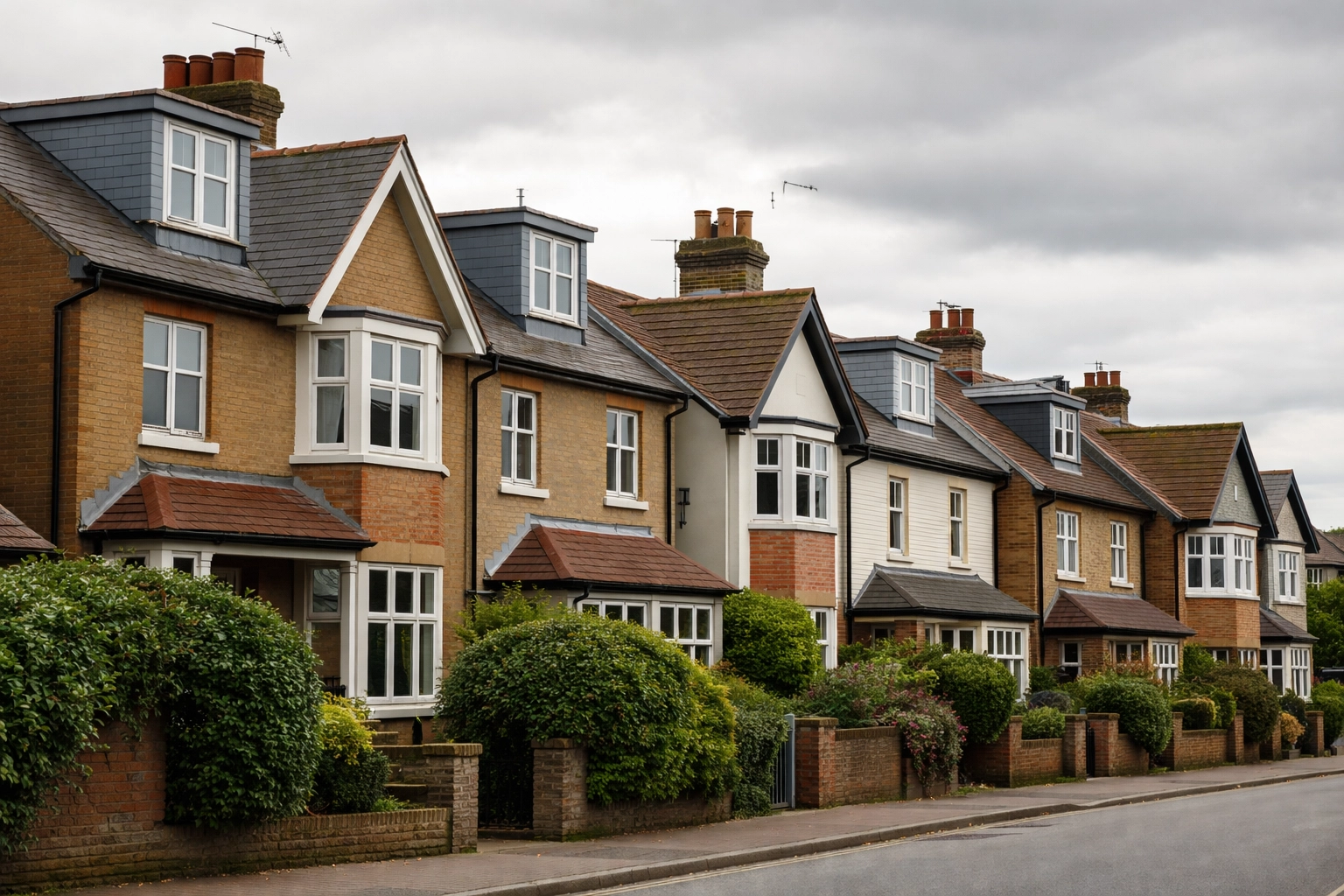 Traditional Epping street with British terraced houses featuring loft conversion dormer windows