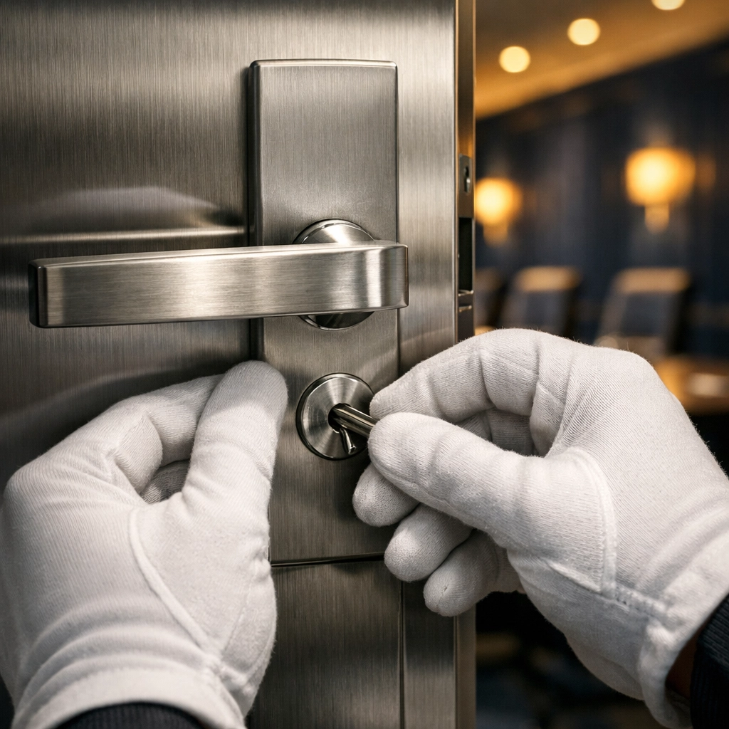 Gloved professional securing an office door in Boston, highlighting the trust and security of Commercial Cleaning Boston.