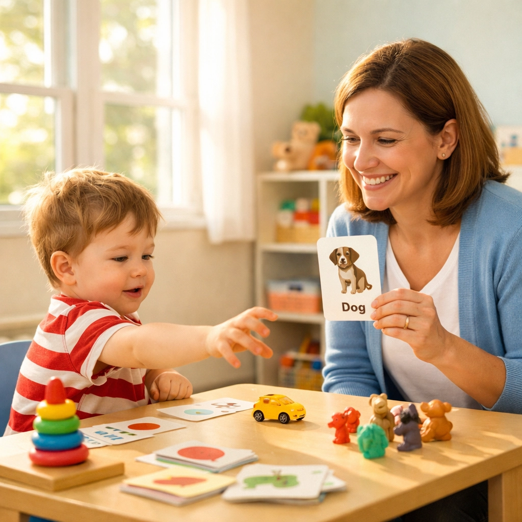 Child receiving ABA therapy session with therapist in clinic using learning materials