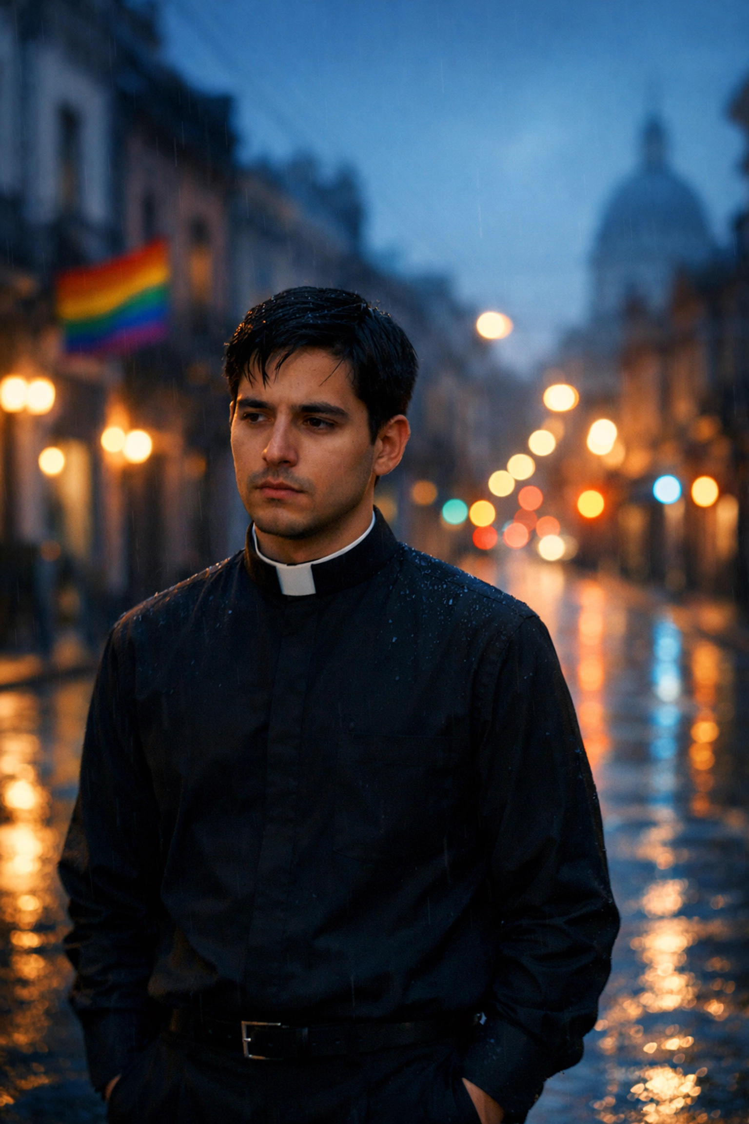 Young priest on rainy Buenos Aires street, conflicted between faith and forbidden love