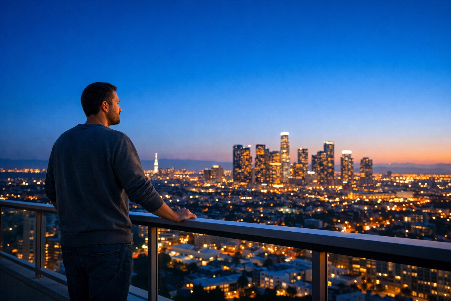 A person praying on a balcony overlooking city lights, reflecting on the global mission field.