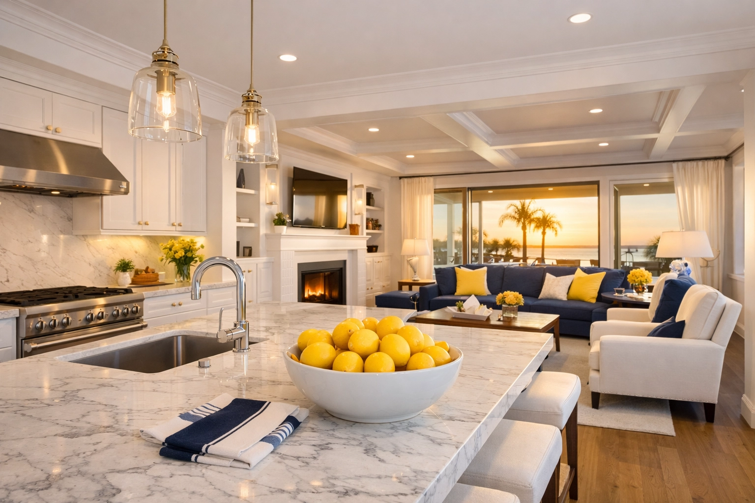 Spotless luxury kitchen and living area following a thorough deep cleaning in Acton MA.