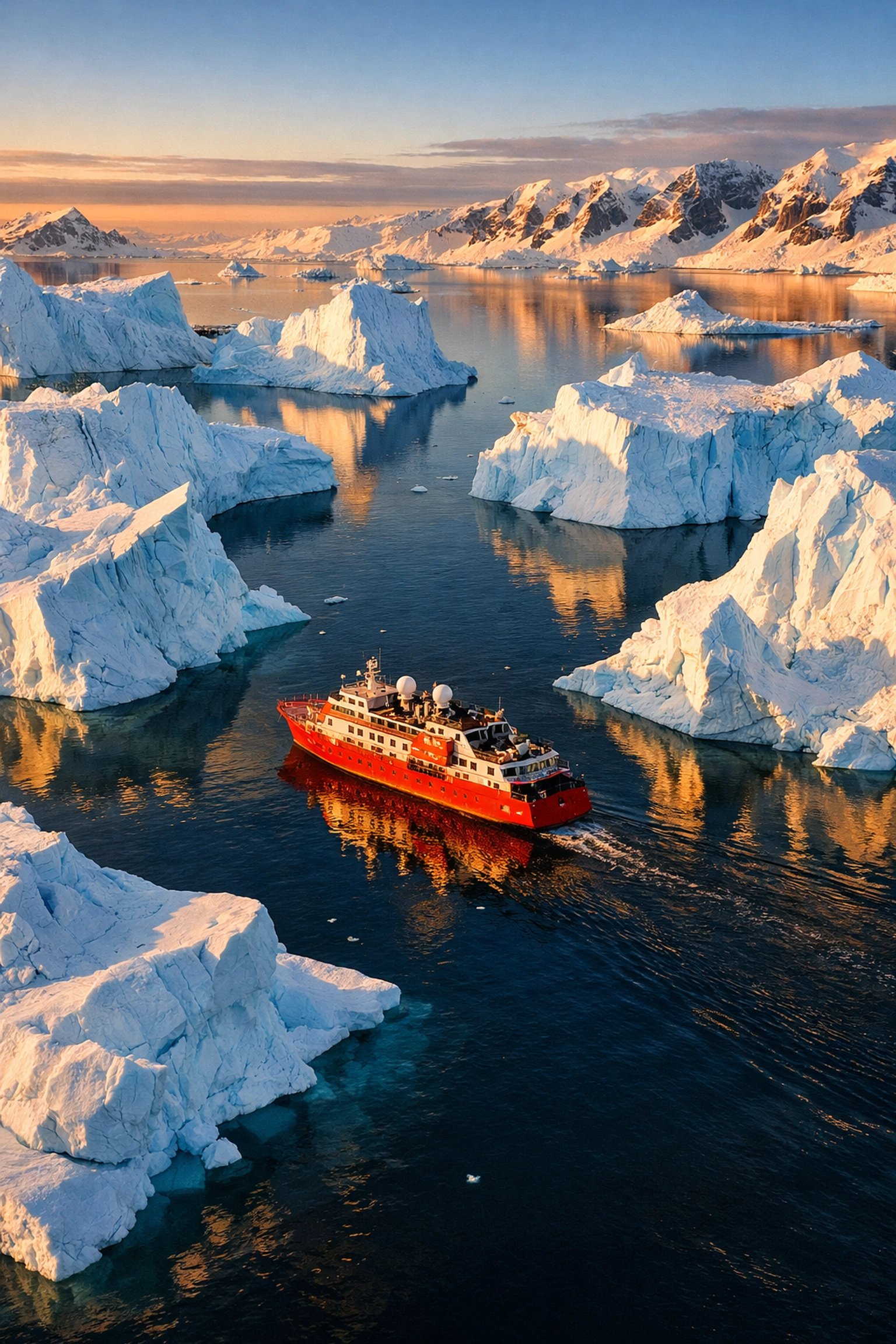 Luxury expedition ship navigating through Antarctic icebergs on a fly-and-cruise journey