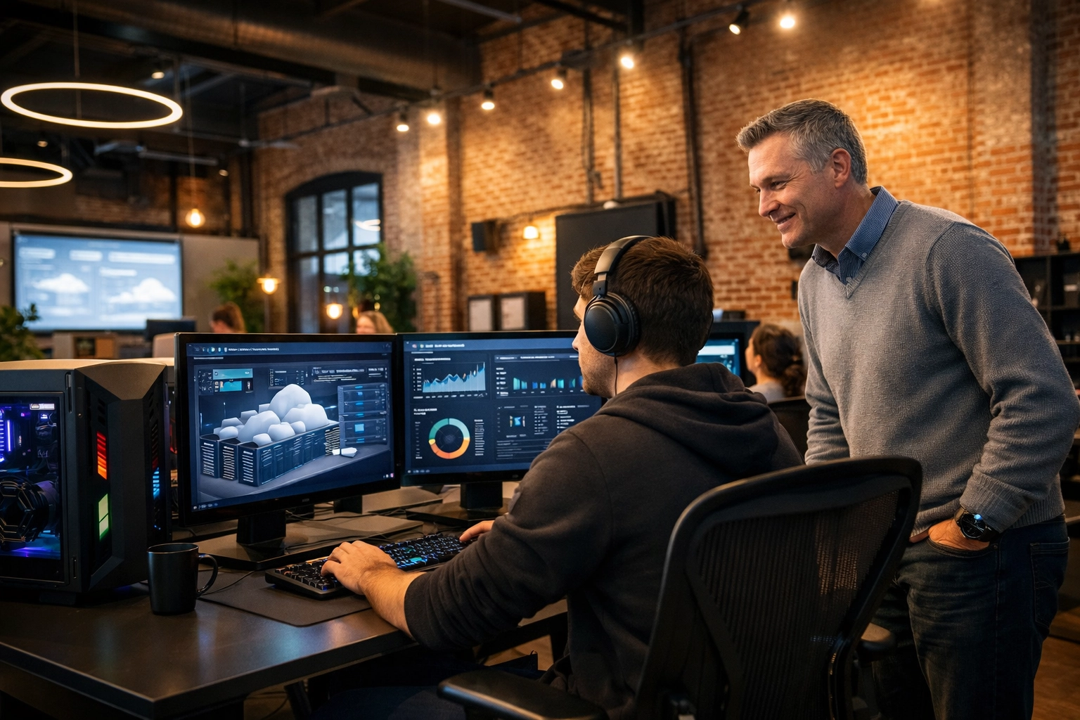 A young adult and mentor training on cloud computing systems in a regional high-tech community hub.