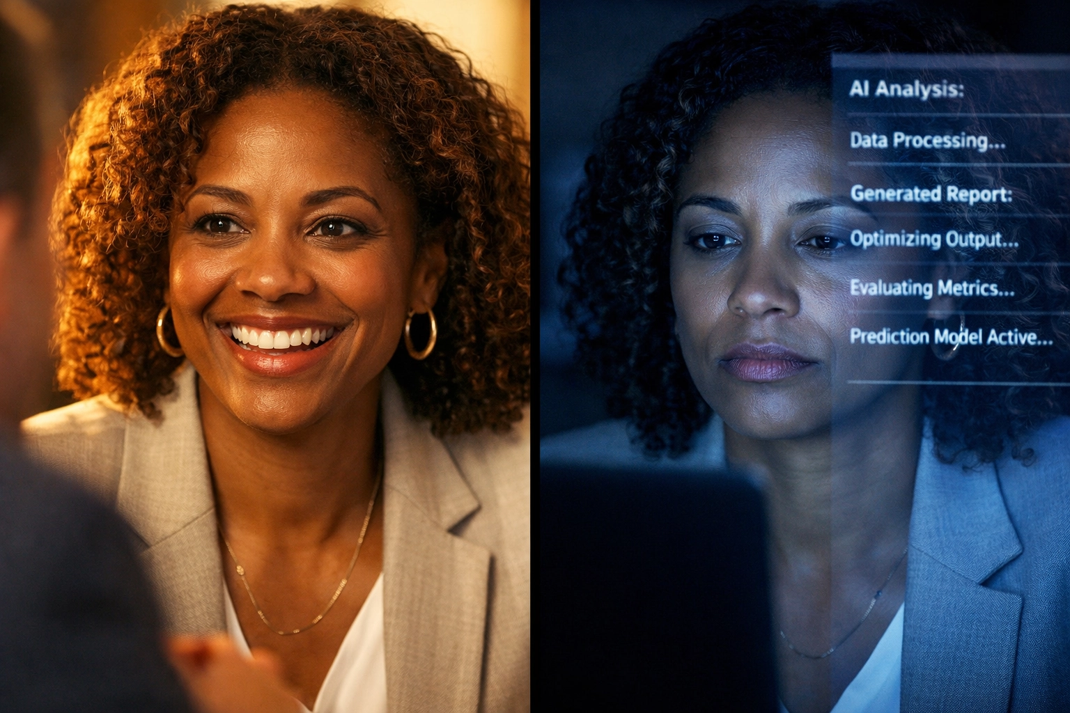 Leader showing authentic connection versus distant AI-mediated communication side by side