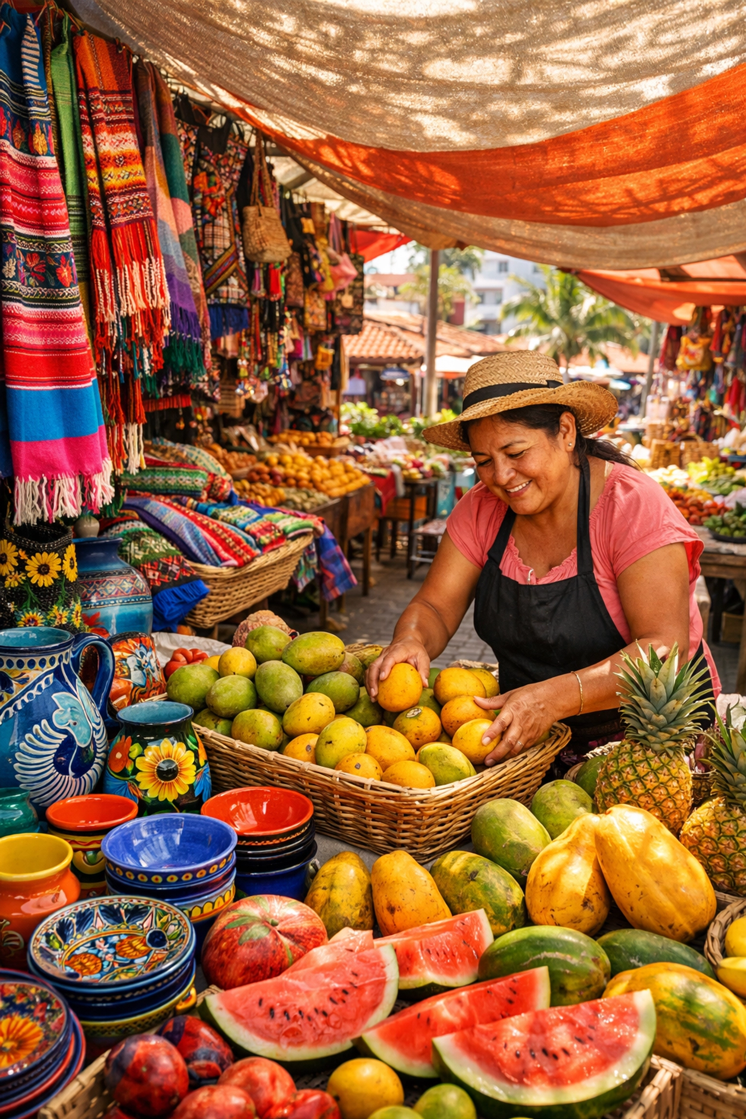 Traditional Puerto Vallarta market with colorful textiles and pottery during shoulder season