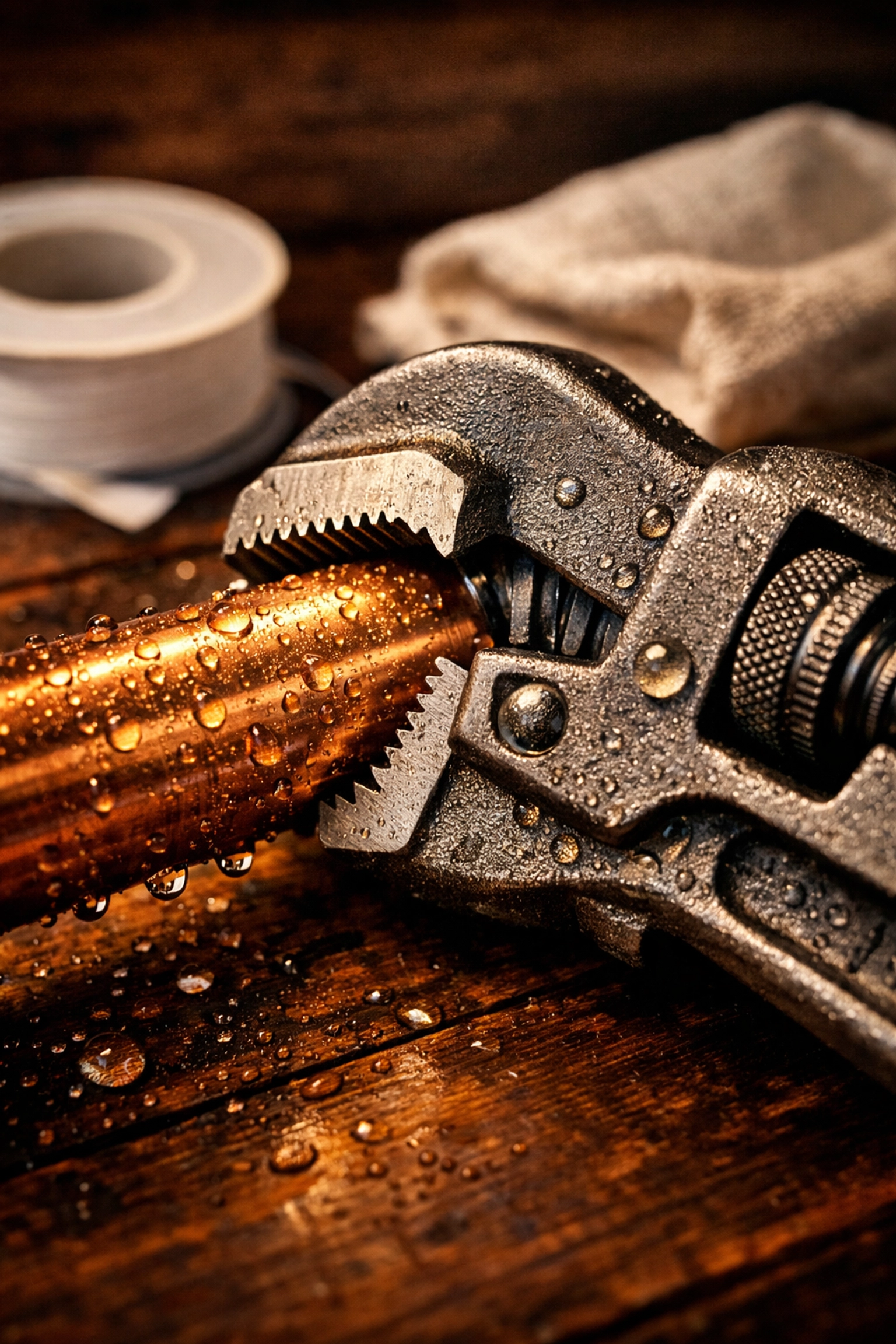 Close-up of a pipe wrench and copper pipe with plumber's tape for plumbing in Dallas TX repairs.