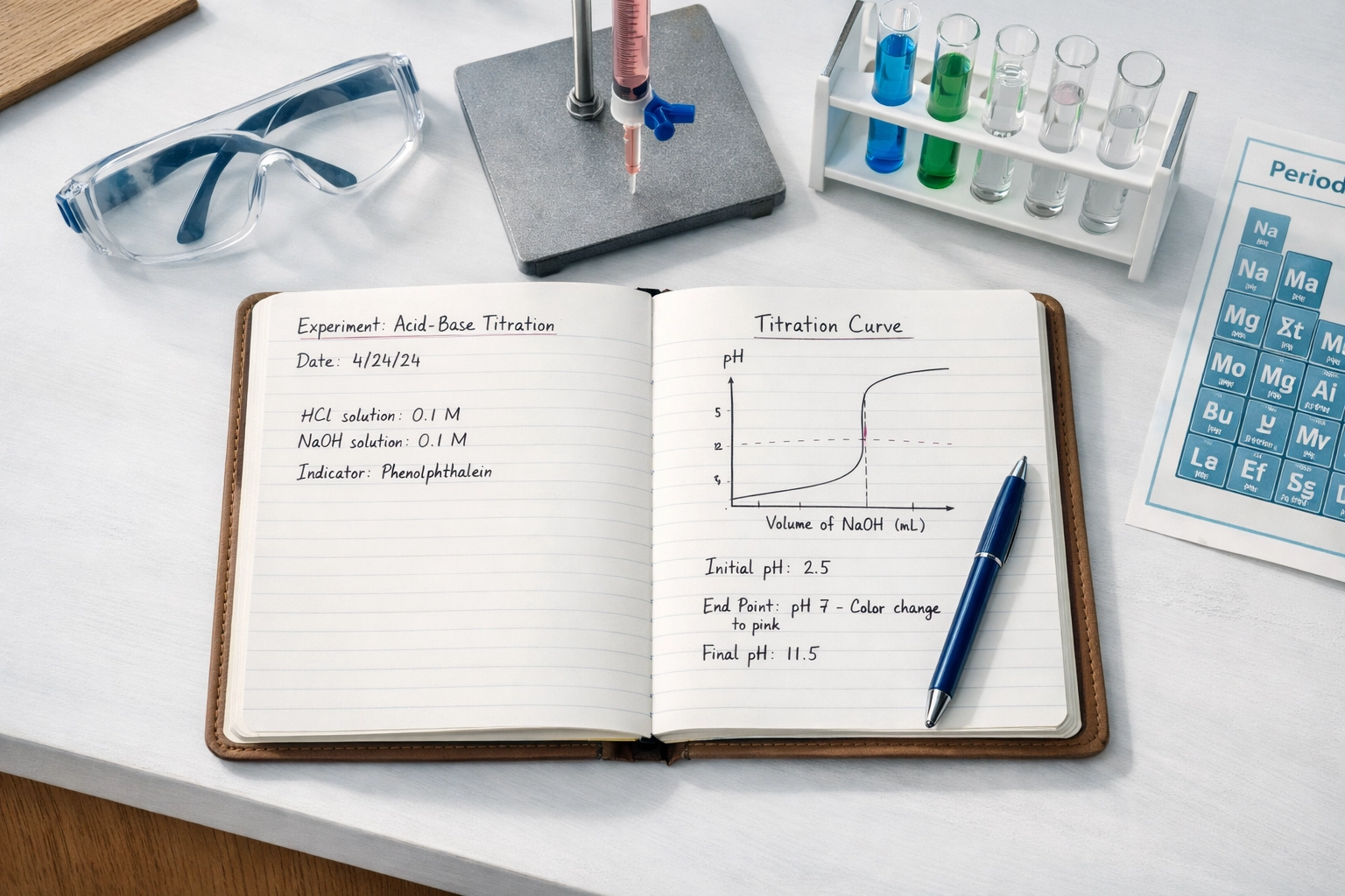Chemistry laboratory notebook with practical equipment including burettes and test tubes