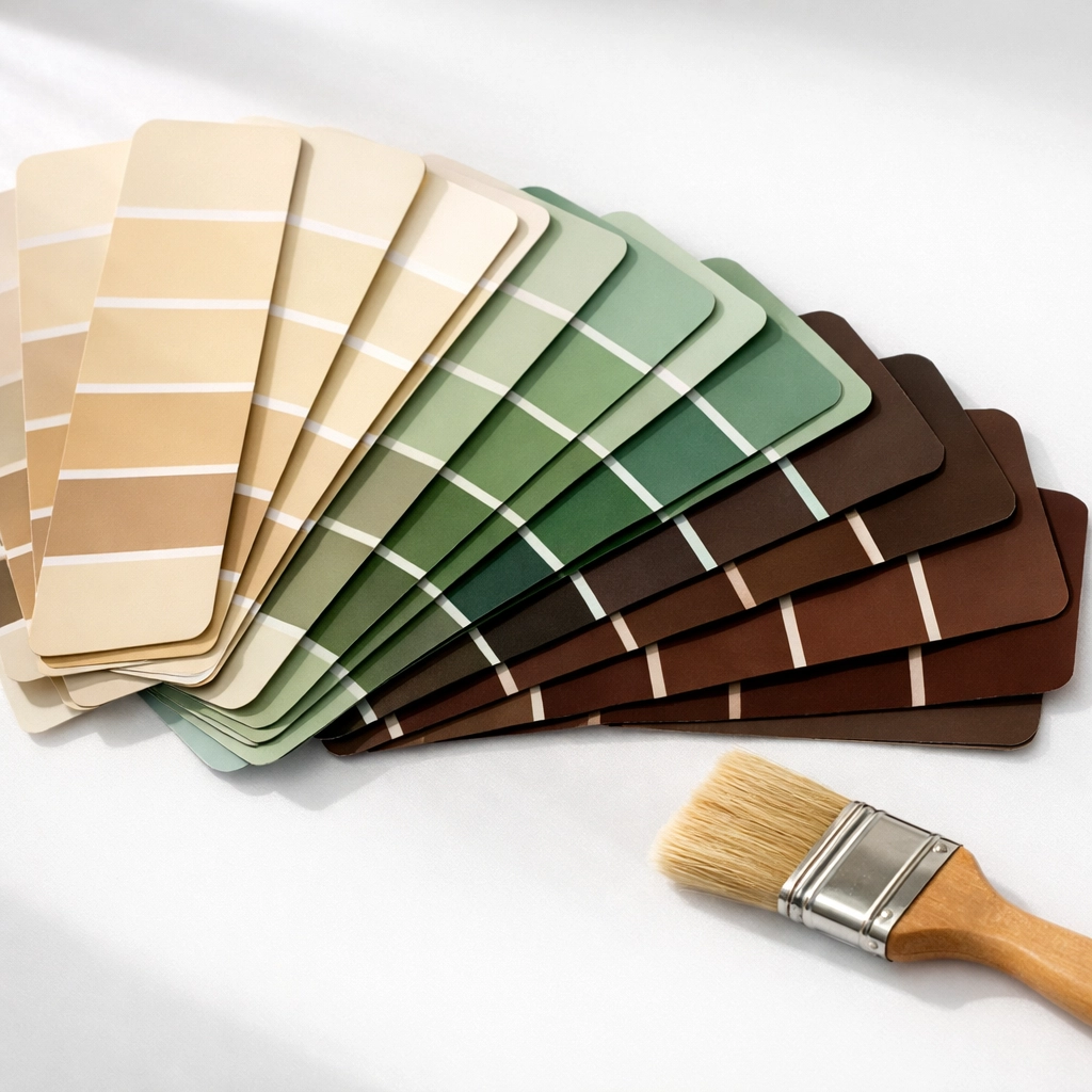 Interior paint color swatches showing warm neutrals, greens, and brown tones
