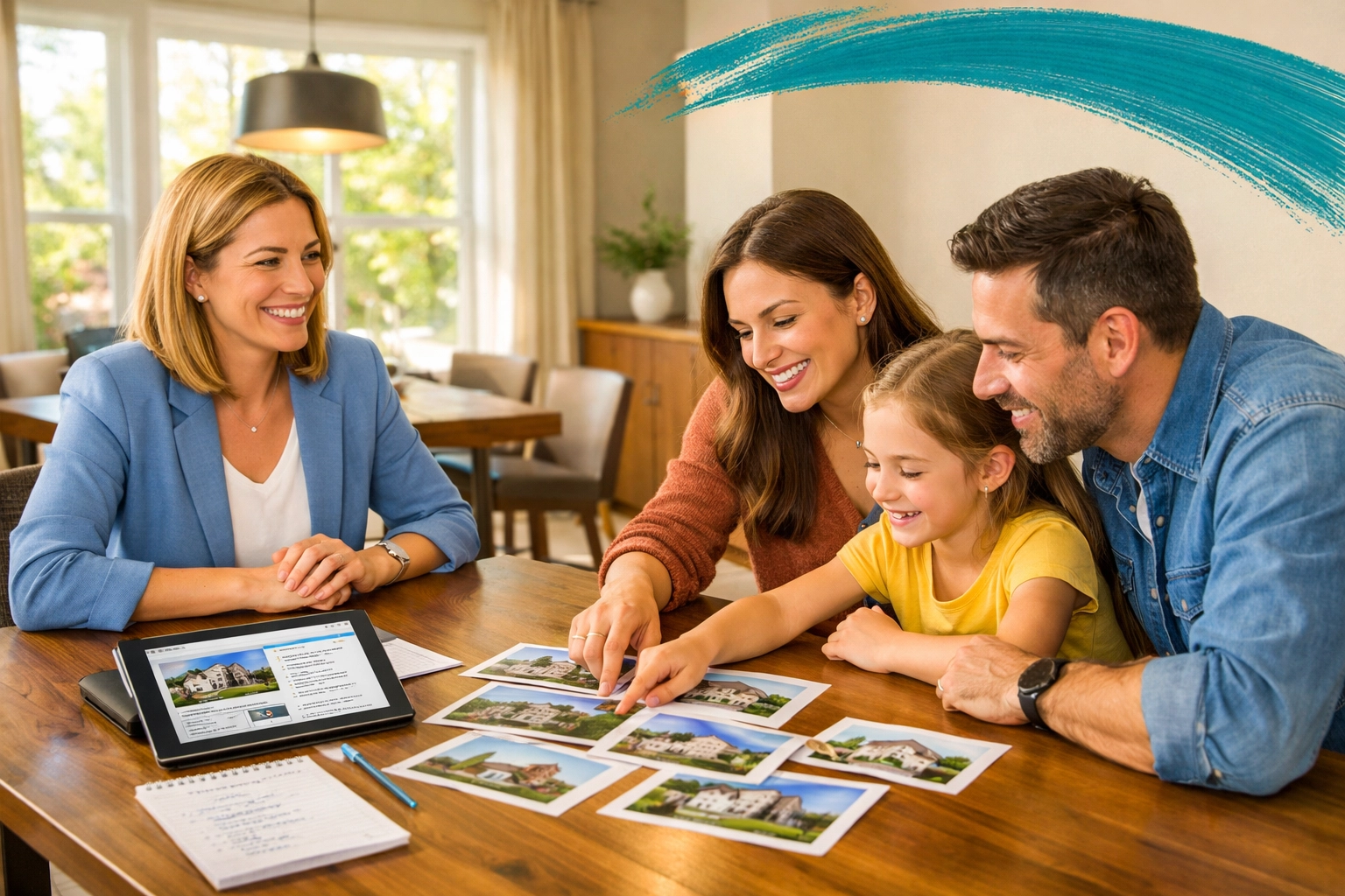 Real estate agent discussing home dealbreakers with family using listing photos and notes