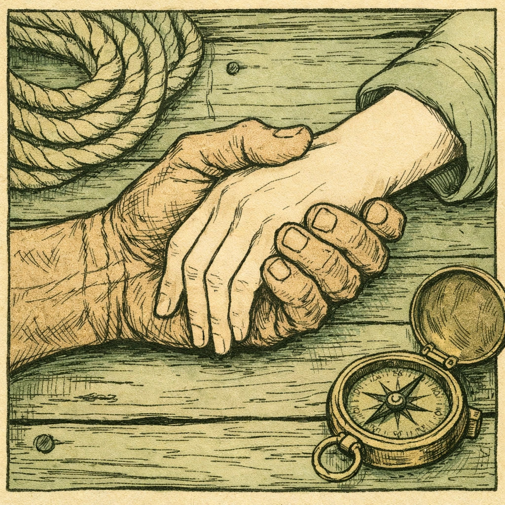 Sailor hands clasped together showing mentorship bond in gay romance story