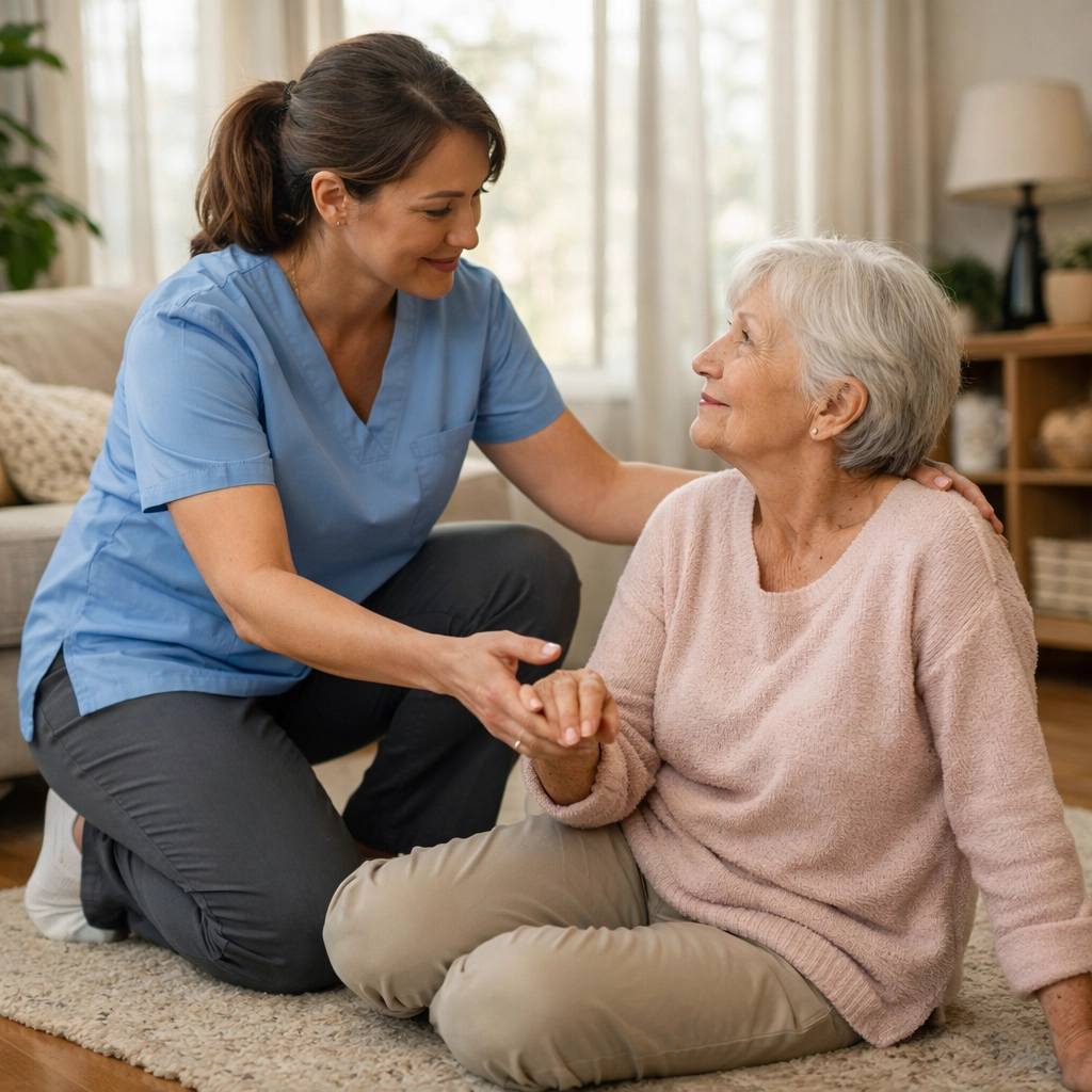 Caregiver assisting senior woman on floor after a fall with calm guidance