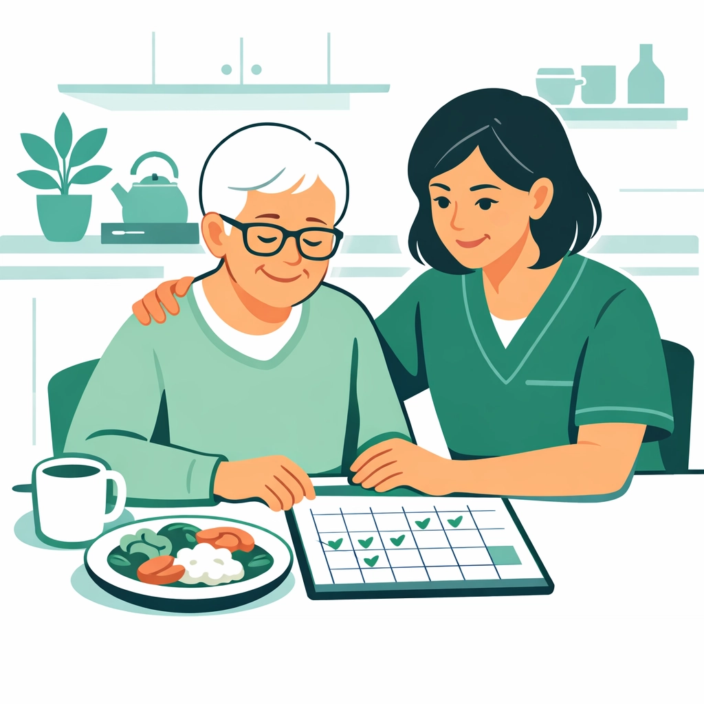 Friendly caregiver supporting a senior with personal care services at home in Houston.