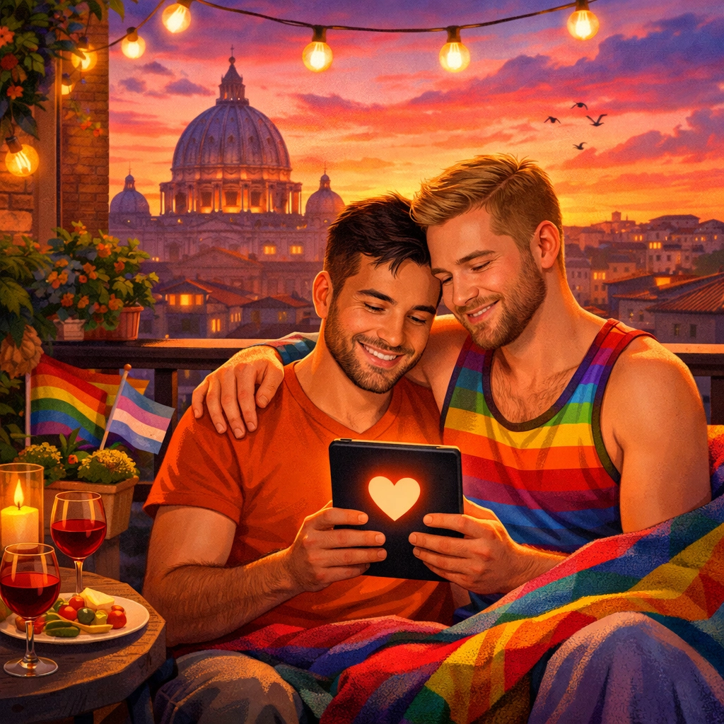 A happy gay couple reads an MM romance book together on a balcony with a Rome sunset view.