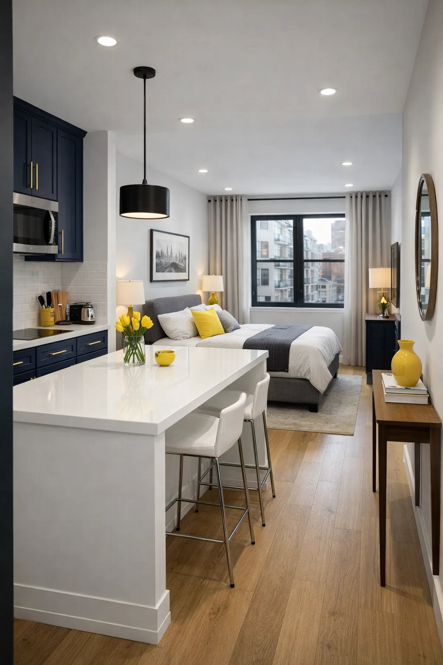 Organized studio apartment workspace with navy cabinets, highlighting the efficiency of regular apartment cleaning.