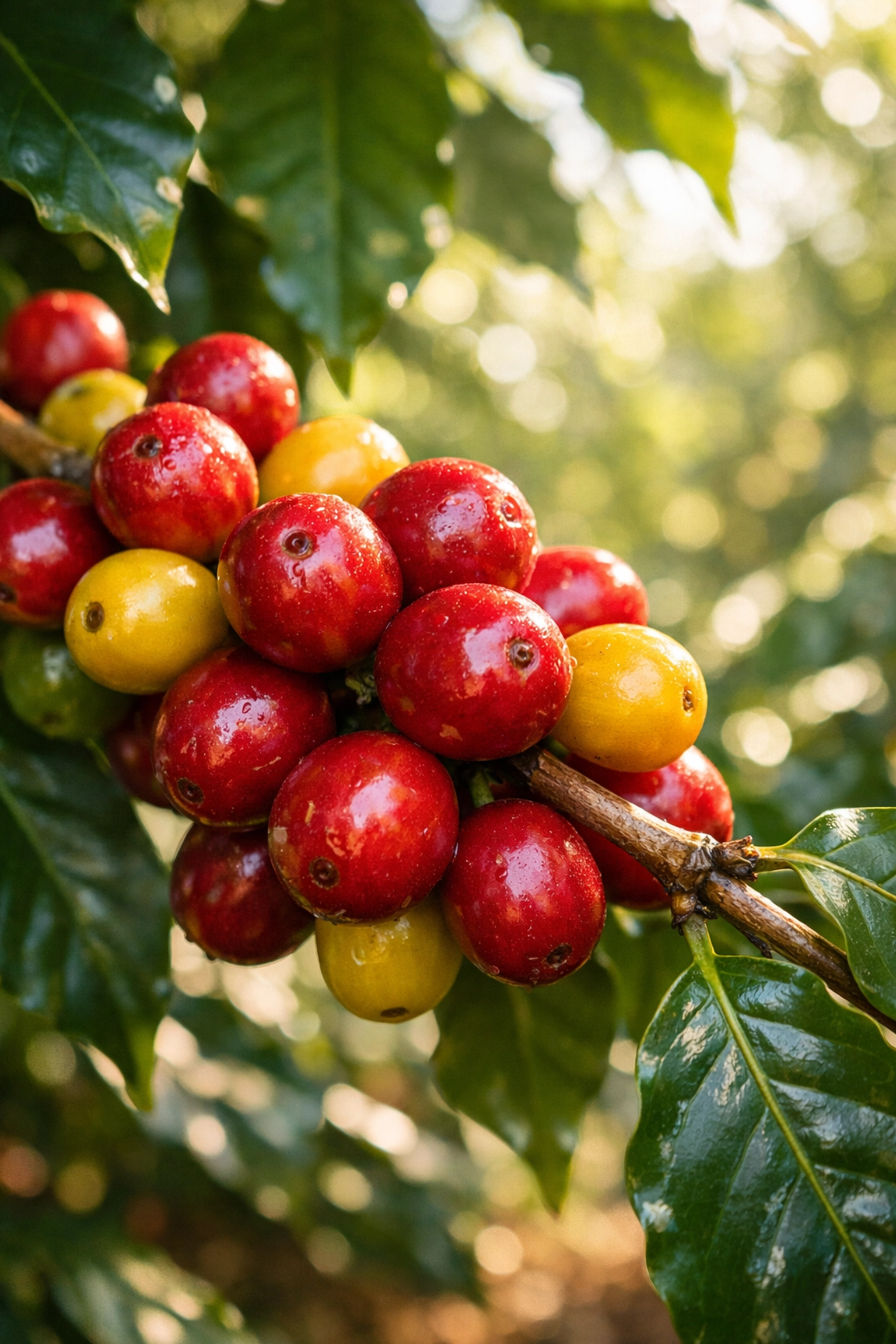 Ripe coffee cherries on a tree branch representing the start of the coffee processing journey.