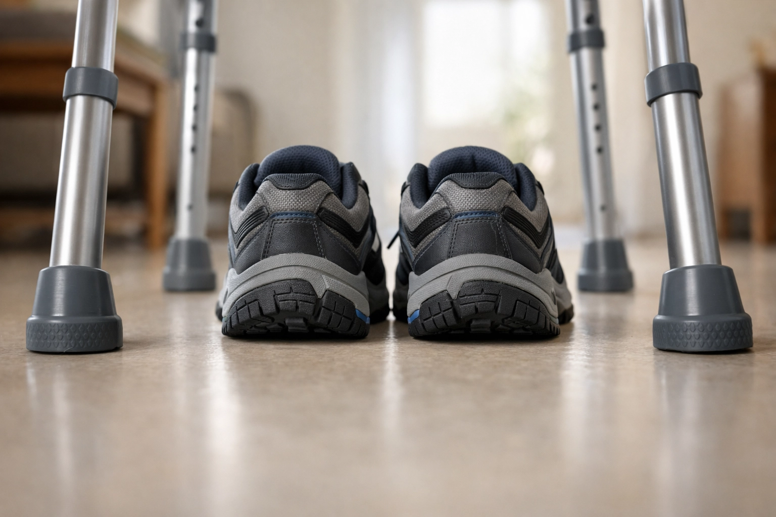 Close-up of non-slip shoes and sturdy rubber walker tips on a clean floor for fall prevention.
