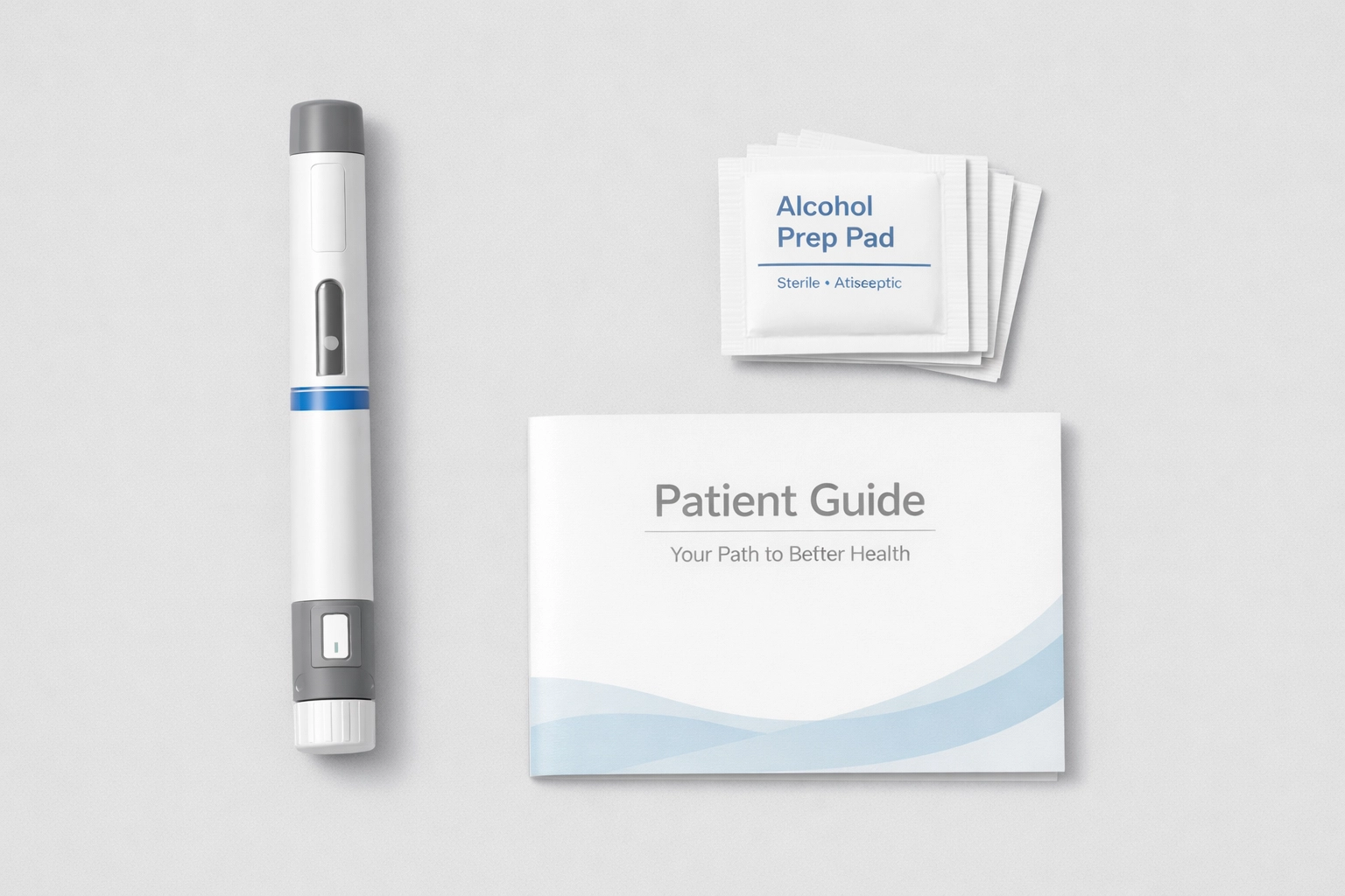 A complete medical weight loss kit including a medication delivery pen and patient supplies.