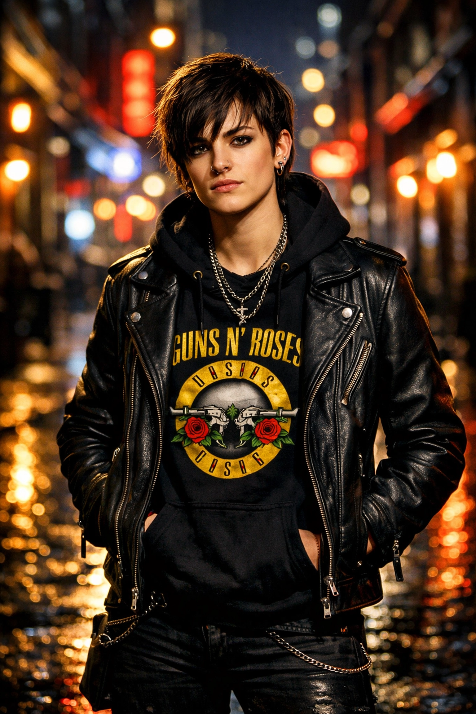 Music fan wearing an authentic officially licensed black band hoodie in a neon-lit city street.