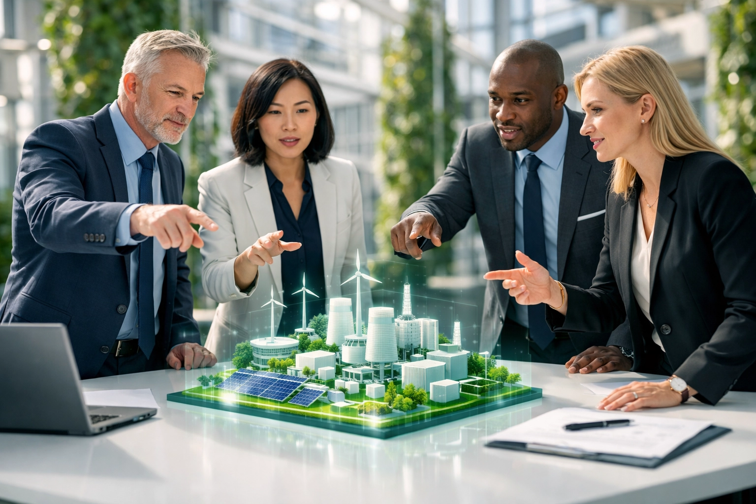 Diverse project management leaders collaborating on a green energy project using holographic technology.