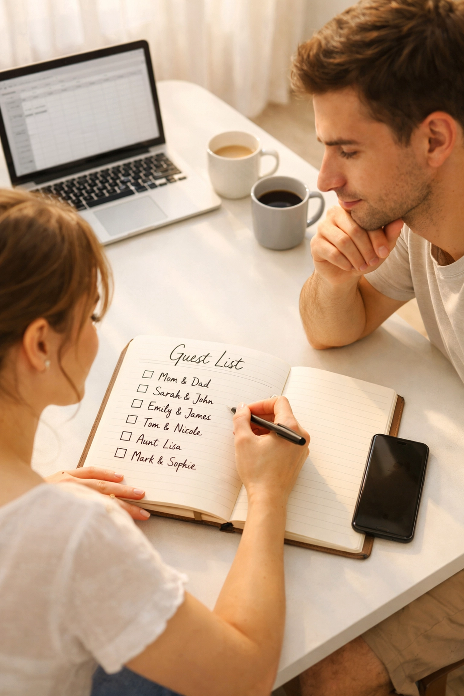 Engaged couple reviewing wedding guest list over breakfast to plan funding strategy